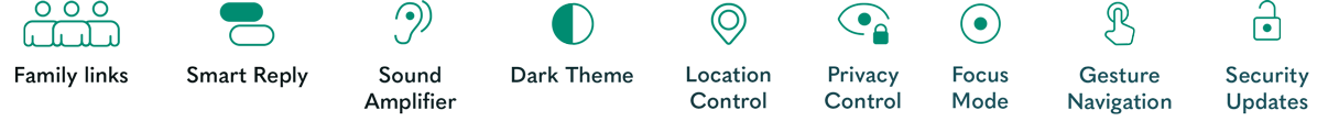 Family links, Smart Reply, Sound Amplifier, Dark Theme, Location Control, Privacy Control, Focus Mode, Gesture Navigation, Security Updates