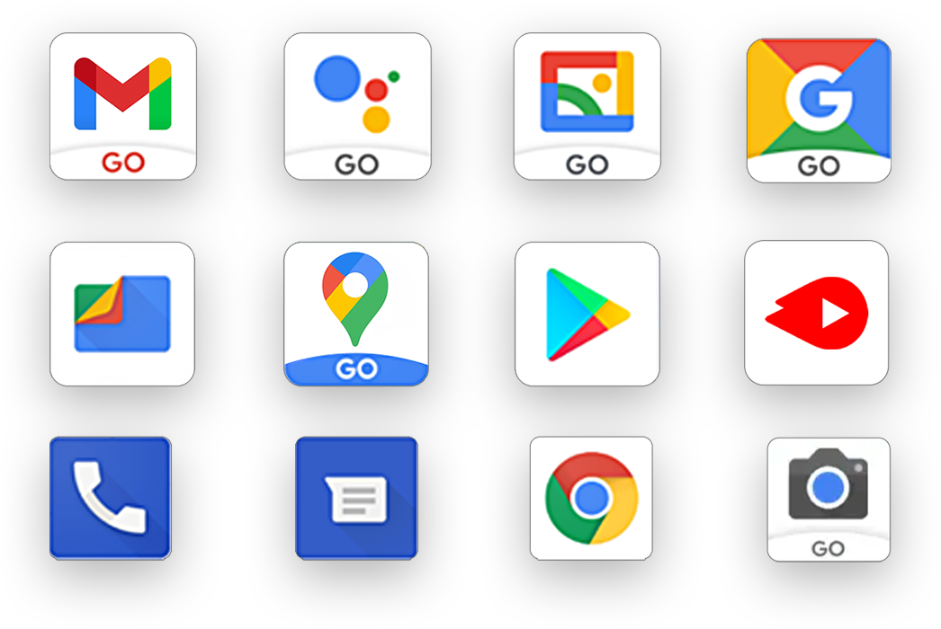 GMail Go, Assistant GO, Gallery Go, Google Go, Files, Google Maps Go, Google Play, YouTube Go, Phone, Messages, Chrome, Camera Go