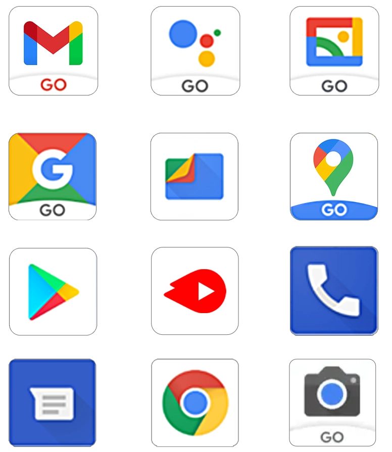 GMail Go, Assistant GO, Gallery Go, Google Go, Files, Google Maps Go, Google Play, YouTube Go, Phone, Messages, Chrome, Camera Go